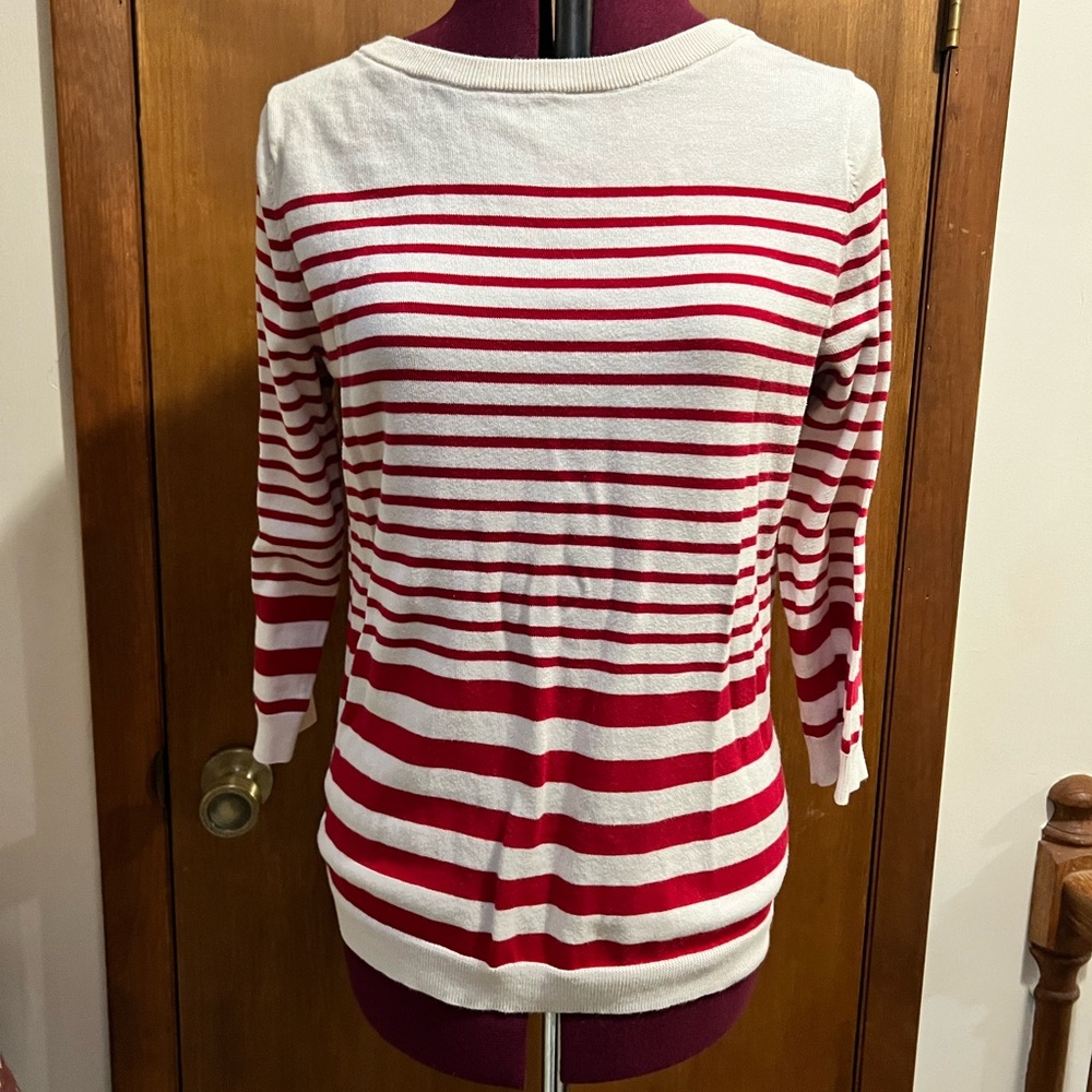 Lands’ End, red and white striped sweater. Size medium.  100% supima cotton